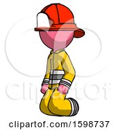 Poster, Art Print Of Pink Firefighter Fireman Man Kneeling Angle View Left