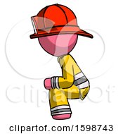 Poster, Art Print Of Pink Firefighter Fireman Man Squatting Facing Left