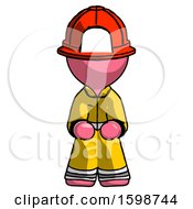 Poster, Art Print Of Pink Firefighter Fireman Man Squatting Facing Front