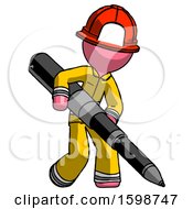 Poster, Art Print Of Pink Firefighter Fireman Man Writing With A Really Big Pen