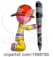 Poster, Art Print Of Pink Firefighter Fireman Man Posing With Giant Pen In Powerful Yet Awkward Manner