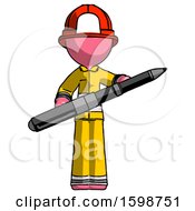 Pink Firefighter Fireman Man Posing Confidently With Giant Pen