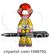 Poster, Art Print Of Pink Firefighter Fireman Man Weightlifting A Giant Pen
