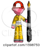 Pink Firefighter Fireman Man Holding Giant Calligraphy Pen