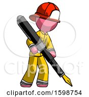 Pink Firefighter Fireman Man Drawing Or Writing With Large Calligraphy Pen