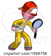 Poster, Art Print Of Pink Firefighter Fireman Man Inspecting With Large Magnifying Glass Right