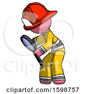 Poster, Art Print Of Pink Firefighter Fireman Man Inspecting With Large Magnifying Glass Left