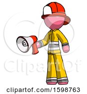 Poster, Art Print Of Pink Firefighter Fireman Man Holding Megaphone Bullhorn Facing Right