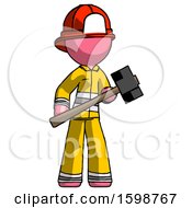 Poster, Art Print Of Pink Firefighter Fireman Man With Sledgehammer Standing Ready To Work Or Defend