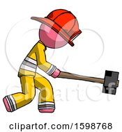 Poster, Art Print Of Pink Firefighter Fireman Man Hitting With Sledgehammer Or Smashing Something