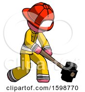 Poster, Art Print Of Pink Firefighter Fireman Man Hitting With Sledgehammer Or Smashing Something At Angle