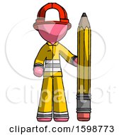 Poster, Art Print Of Pink Firefighter Fireman Man With Large Pencil Standing Ready To Write