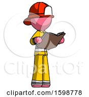 Poster, Art Print Of Pink Firefighter Fireman Man Reading Book While Standing Up Facing Away