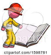 Pink Firefighter Fireman Man Reading Big Book While Standing Beside It