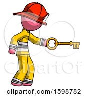 Poster, Art Print Of Pink Firefighter Fireman Man With Big Key Of Gold Opening Something