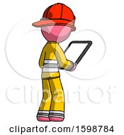 Poster, Art Print Of Pink Firefighter Fireman Man Looking At Tablet Device Computer Facing Away