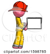 Poster, Art Print Of Pink Firefighter Fireman Man Show Tablet Device Computer To Viewer Blank Area