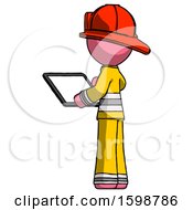 Poster, Art Print Of Pink Firefighter Fireman Man Looking At Tablet Device Computer With Back To Viewer