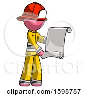 Poster, Art Print Of Pink Firefighter Fireman Man Holding Blueprints Or Scroll