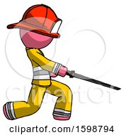 Poster, Art Print Of Pink Firefighter Fireman Man With Ninja Sword Katana Slicing Or Striking Something
