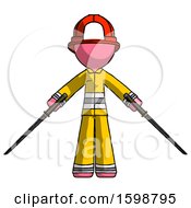 Poster, Art Print Of Pink Firefighter Fireman Man Posing With Two Ninja Sword Katanas