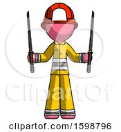 Poster, Art Print Of Pink Firefighter Fireman Man Posing With Two Ninja Sword Katanas Up