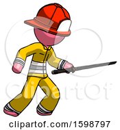 Poster, Art Print Of Pink Firefighter Fireman Man Stabbing With Ninja Sword Katana