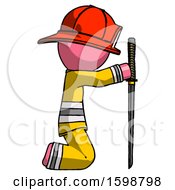Poster, Art Print Of Pink Firefighter Fireman Man Kneeling With Ninja Sword Katana Showing Respect
