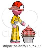 Poster, Art Print Of Pink Firefighter Fireman Man With Giant Cupcake Dessert