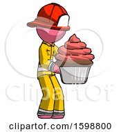 Poster, Art Print Of Pink Firefighter Fireman Man Holding Large Cupcake Ready To Eat Or Serve