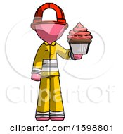 Poster, Art Print Of Pink Firefighter Fireman Man Presenting Pink Cupcake To Viewer