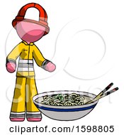 Poster, Art Print Of Pink Firefighter Fireman Man And Noodle Bowl Giant Soup Restaraunt Concept