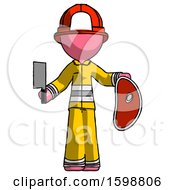 Poster, Art Print Of Pink Firefighter Fireman Man Holding Large Steak With Butcher Knife