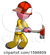 Poster, Art Print Of Pink Firefighter Fireman Man With Ax Hitting Striking Or Chopping