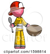 Poster, Art Print Of Pink Firefighter Fireman Man With Empty Bowl And Spoon Ready To Make Something
