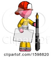 Poster, Art Print Of Pink Firefighter Fireman Man Holding Large Envelope And Calligraphy Pen