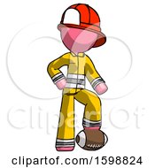 Poster, Art Print Of Pink Firefighter Fireman Man Standing With Foot On Football