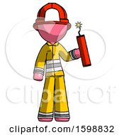 Poster, Art Print Of Pink Firefighter Fireman Man Holding Dynamite With Fuse Lit