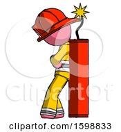 Poster, Art Print Of Pink Firefighter Fireman Man Leaning Against Dynimate Large Stick Ready To Blow