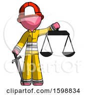 Poster, Art Print Of Pink Firefighter Fireman Man Justice Concept With Scales And Sword Justicia Derived