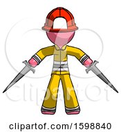 Poster, Art Print Of Pink Firefighter Fireman Man Two Sword Defense Pose