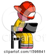 Poster, Art Print Of Pink Firefighter Fireman Man Using Laptop Computer While Sitting In Chair Angled Right