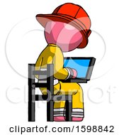 Poster, Art Print Of Pink Firefighter Fireman Man Using Laptop Computer While Sitting In Chair View From Back