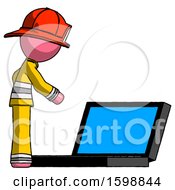 Poster, Art Print Of Pink Firefighter Fireman Man Using Large Laptop Computer Side Orthographic View