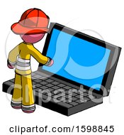 Poster, Art Print Of Pink Firefighter Fireman Man Using Large Laptop Computer