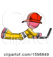 Poster, Art Print Of Pink Firefighter Fireman Man Using Laptop Computer While Lying On Floor Side View