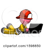 Poster, Art Print Of Pink Firefighter Fireman Man Using Laptop Computer While Lying On Floor Side Angled View