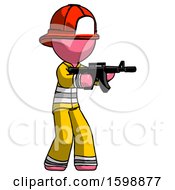 Poster, Art Print Of Pink Firefighter Fireman Man Shooting Automatic Assault Weapon