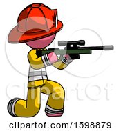 Poster, Art Print Of Pink Firefighter Fireman Man Kneeling Shooting Sniper Rifle