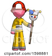 Poster, Art Print Of Pink Firefighter Fireman Man Holding Jester Staff